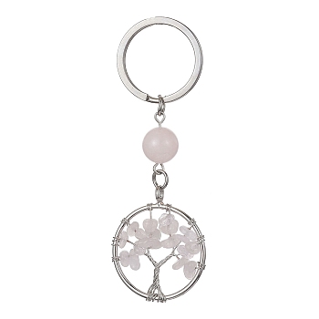 Natural Rose Quartz Chips Flat Round with Tree of Life Kcychain, with 304 Stainless Steel Findings, 8cm