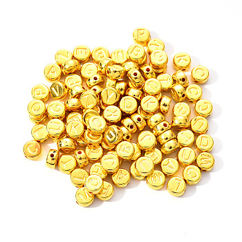 CCB Plastic Beads, Flat Round with Random Mixed Letters, Golden, 7x4mm, Hole: 1.4mm, about 100pcs/bag