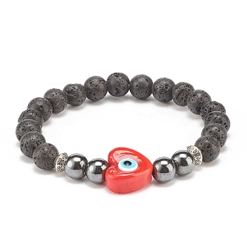 Natural Lava Rock & Synthetic Hematite Stretch Bracelet, Lampwork Heart with Evil Eye Beads Bracelet for Women, Red, Inner Diameter: 2-1/8 inch(5.4cm)