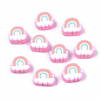 Handmade Polymer Clay Beads, Rainbow & Cloud, Pink, 8.5~10.5x10~12.5x4~5mm, Hole: 1.8mm