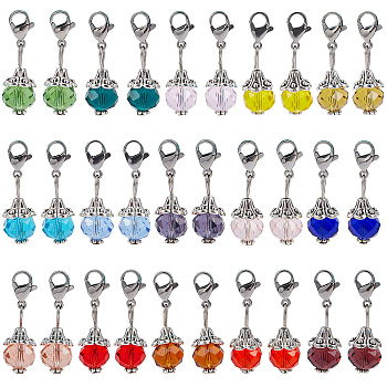 Glass Pendants, with 304 Stainless Steel Lobster Claw Clasps and Alloy Findings, Mixed Color, 30mm, Beads: 10mm, Clasps: 12x7x3.5mm, 30pcs/box.