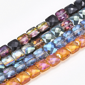 Electroplate Glass Beads Strands, Faceted, Square, Mixed Color, 6.5x6.5x4mm, Hole: 1mm, about 100pcs/strand, 25.1 inch