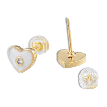 Natural Shell & Enamel Heart Stud Earrings with Cubic Zirconia, Golden Brass Jewelry for Women, Nickel Free, Creamy White, 7.5x8.5mm, Pin: 0.7mm