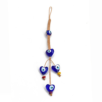 Evil Eye Glass Pendant Decorations, Tassel Hemp Rope Hanging Ornament, Royal Blue, Heart Pattern, 165mm