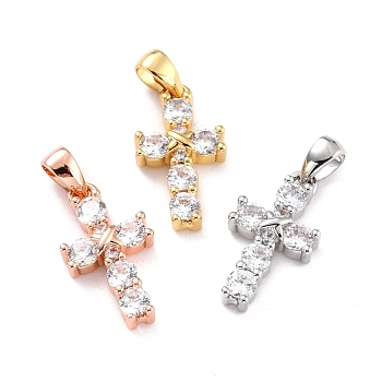 Brass Micro Pave Cubic Zirconia Pendant, Long-Lasting Plated, Cross, Mixed Color, 16.5x9x3mm, Hole: 4x2.6mm