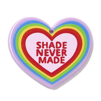 Acrylic Pendants, Heart with Word Shade Never Made, Rainbow Color Pride, Colorful, 31x35.5x2.5mm, Hole: 1.6mm