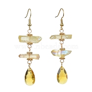 Dyed Natural Quartz Crystal Nugget & Teardrop Dangel Earrings, Real 18K Gold Plated Brass Long Drop Earrings, Light Khaki, 66~70x20~25mm(EJEW-TA00314-03)