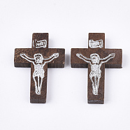 Printed Wooden Pendants, Crucifix Cross, For Easter, Dyed, Coconut Brown, 32.5~33.5x21~22x4.5mm, Hole: 2mm(WOOD-S050-35A-04)