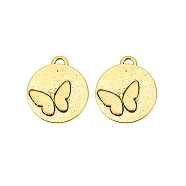 Alloy Pendants, Flat Round with Butterfly, Antique Golden, 20x20mm(PALLOY-WH0085-57A)