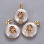 Natural Cultured Freshwater Pearl Pendants, with Brass Micro Pave Cubic Zirconia Findings, Nuggets with Letter, Long-Lasting Plated, Golden, Colorful, Letter.Q, 17~27x12~16x6~12mm, Hole: 4x2.5mm(KK-L187-B-01Q)