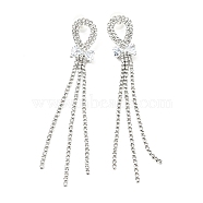 Crystal Rhinestone & Clear Cubic Zirconia Stud Earrings, Brass Long Tassel Drop Earrings with 925 Sterling Silver Pin for Women, Platinum, Bowknot Pattern, 103mm, Pin: 0.8mm(EJEW-C037-01E-P)