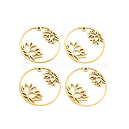 201 Stainless Steel Pendants, Ring with Flower, Real 18K Gold Plated, 25x1.5mm, Hole: 1.2mm(STAS-S119-149G)