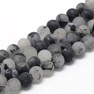 Natural Black Rutilated Quartz Beads Strands, Frosted, Round, 6~7mm, Hole: 1mm, about 60~67pcs/strand, 15.7 inch(G-R446-6mm-37)