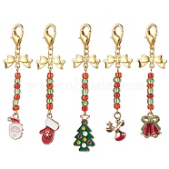 Christmas Theme Alloy Enamel Pendant Decorations, Glass Seed Beaded and Zinc Alloy Lobster Claw Clasps Charms, Mixed Shapes, Light Gold, 70~78mm(HJEW-MZ00058)