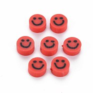 Handmade Polymer Clay Beads, Flat Round with Smiling Face, Red, 8~9x4mm, Hole: 1.5mm(CLAY-S096-010C)