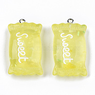 Transparent Resin Pendants, with Paillette & Platinum Tone Iron Peg Bail, Candy with Word Sweet, Yellow, 37x20.5x9.5mm, Hole: 2mm(RESI-S356-54B-04)