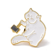Cat with Hammer Enamel Pin, Animal Alloy Brooch for Backpack Clothes, Light Gold, White, 26.5x25x1mm(FIND-K005-11LG)