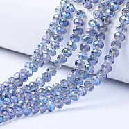 Electroplate Transparent Glass Beads Strands, Full Rainbow Plated, Faceted, Rondelle, Cornflower Blue, 6x5mm, Hole: 1mm, about 85~88pcs/strand, 16.1~16.5 inch(41~42cm)(X-EGLA-A034-T6mm-Y02)