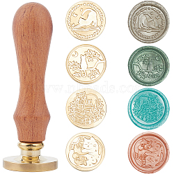 4Pcs 4 Styles Golden Tone Brass Wax Seal Stamp Head, with 1Pc Pear Wood Handle, for DIY Scrapbooking, Cat Shape, 30mm, 1pc/style(AJEW-CP0007-49B-03)