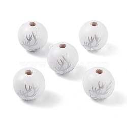 Printed Natural Wood European Beads, Large Hole Bead, Round with Christmas Reindeer Pattern, Silver, 19mm, Hole: 4mm(WOOD-C015-06A)