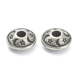 304 Stainless Steel Spacer Beads, Disc with Star & Moon, Antique Silver, 8x4mm, Hole: 2mm(STAS-J037-07AS)