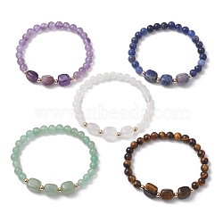 Natural & Synthetic Mixed Gemstone Cube & Round Beaded Stretch Bracelets, Inner Diameter: 2 inch(5cm)(BJEW-JB10807)