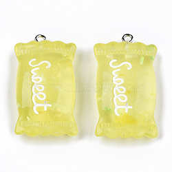 Transparent Resin Pendants, with Paillette & Platinum Tone Iron Peg Bail, Candy with Word Sweet, Yellow, 37x20.5x9.5mm, Hole: 2mm(RESI-S356-54B-04)