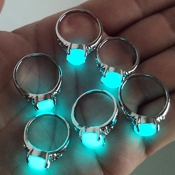 Synthetic Luminous Stone Oval Finger Ring, Glow In The Dark Alloy Jewelry for Women, Platinum, Inner Diameter: 16~19mm