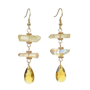 Dyed Natural Quartz Crystal Nugget & Teardrop Dangel Earrings, Real 18K Gold Plated Brass Long Drop Earrings, Light Khaki, 66~70x20~25mm