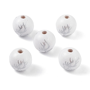 Printed Natural Wood European Beads, Large Hole Bead, Round with Christmas Reindeer Pattern, Silver, 19mm, Hole: 4mm