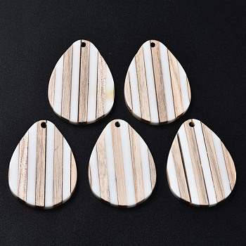 Stripe Resin & Wood Pendants, Teardrop, White, 36x26x3mm, Hole: 1.8mm