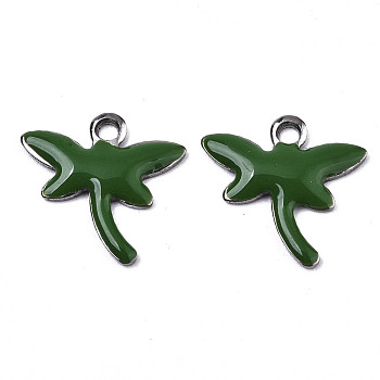 201 Stainless Steel Enamel Charms, Dragonfly, Stainless Steel Color, Dark Green, 11.5x12x1.5mm, Hole: 1.2mm
