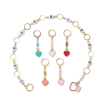 6Pcs Knitting Row Counter Chains & Locking Stitch Markers Kits, with Heart Alloy Enamel Pendant, Acrylic & Glass Beads, Golden, Mixed Color, 32.5cm & 4.2cm