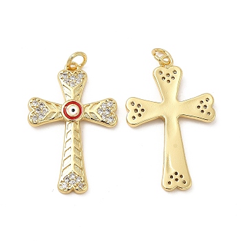 Brass Micro Pave Cubic Zirconia Pendants, with Enamel Evil Eye & Jump Ring, Religion Cross Charm, Golden, Red, 30x19.5x3mm, Hole: 3.3mm