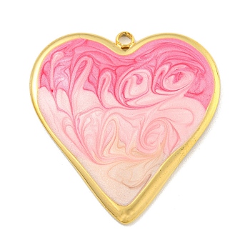 Ion Plating(IP) 304 Stainless Steel Pendants, with Enamel, Real 18K Gold Plated, Heart Charm, Hot Pink, 31x29x3.5mm, Hole: 2mm