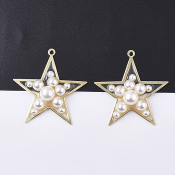 Epoxy Resin Pendants, with ABS Plastic Imitation Pearl and Light Gold Plated Brass Open Back Bezel, Star, Clear, 40x38.5x8mm, Hole: 2mm