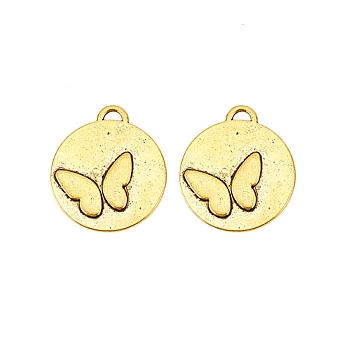 Alloy Pendants, Flat Round with Butterfly, Antique Golden, 20x20mm