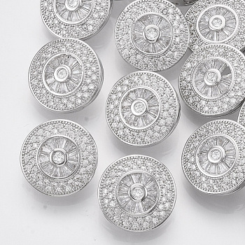 Brass Shank Buttons, with Micro Pave Cubic Zirconia, Flat Round, Clear, Platinum, 16x8mm, Hole: 1.4mm