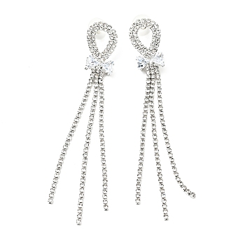 Crystal Rhinestone & Clear Cubic Zirconia Stud Earrings, Brass Long Tassel Drop Earrings with 925 Sterling Silver Pin for Women, Platinum, Bowknot Pattern, 103mm, Pin: 0.8mm