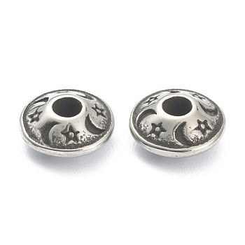304 Stainless Steel Spacer Beads, Disc with Star & Moon, Antique Silver, 8x4mm, Hole: 2mm