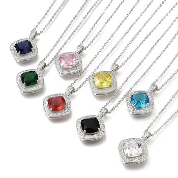 304 Stainless Steel Cable Chain Necklaces, Brass Clear Cubic Zirconia Rhombus Pendant Necklaces, Platinum & Stainless Steel Color, Mixed Color, 17.72 inch(45cm)