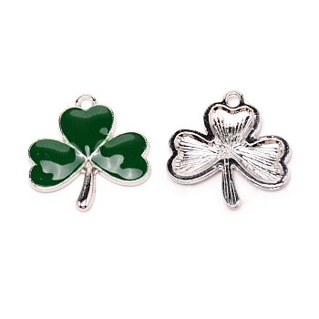 Alloy Enamel Pendants, Clover, Dark Green, Platinum, 23x22x2mm, Hole: 1.8mm