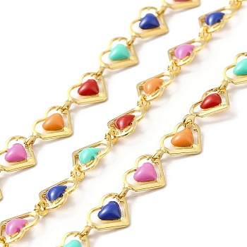 Ion Plating(IP) Handmade 316 Surgical Stainless Steel Enamel Link Chains, Soldered, Real 18K Gold Plated, with Spool, Heart, Colorful, 6x10x1mm