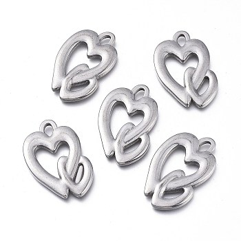 Valentine's Day 304 Stainless Steel Pendants, Heart with Heart, Stainless Steel Color, 30.5x21x3mm, Hole: 4.5x2.8mm