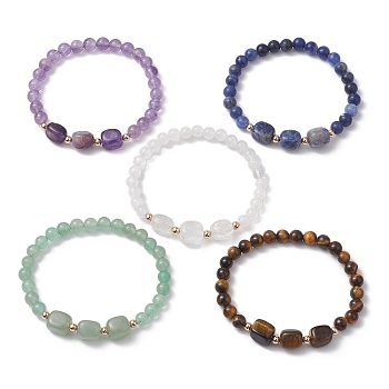 Natural & Synthetic Mixed Gemstone Cube & Round Beaded Stretch Bracelets, Inner Diameter: 2 inch(5cm)