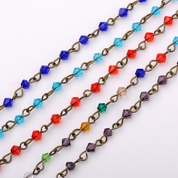 Handmade Bicone Glass Beads Chains for Necklaces Bracelets Making, with Antique Bronze Iron Eye Pin, Unwelded, Mixed Color, 39.3 inch
