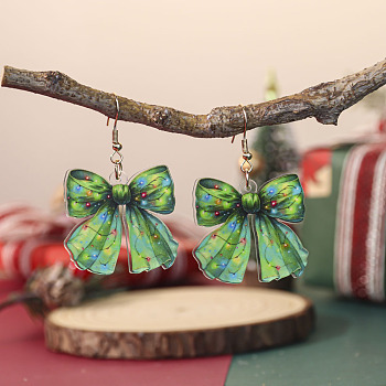 Christmas Theme Iron Acrylic Dangle Earrings, Bowknot, Light Gold, Dark Sea Green, 55x35mm