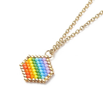 Rainbow Color Japanese Seed Braided Hexagon Pendant Necklace with 304 Stainless Steel Chains for Women, Colorful, 15.94 inch(40.5cm)