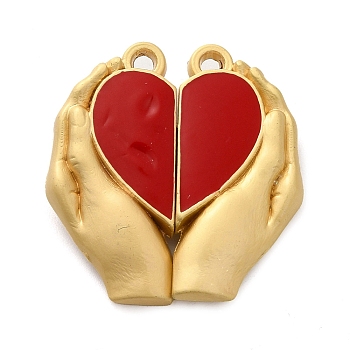 Spray Painted Alloy Enamel Magnetic Clasps, Hand with Heart, Gold, FireBrick, 27x25.5x6mm, Hole: 1.8mm
