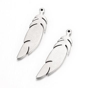 304 Stainless Steel Pendants, Feather, Stainless Steel Color, 20x6x1mm, Hole: 0.5mm